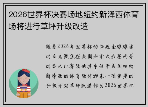 2026世界杯决赛场地纽约新泽西体育场将进行草坪升级改造 2026世界杯决赛场地纽约新泽西体育场将进行草坪升级改造